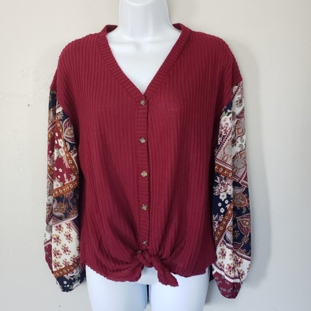 Ultra Flirt NWT Burgundy Long Sleeve Waffle Knit Top Patchwork Tie Shirt Blouse